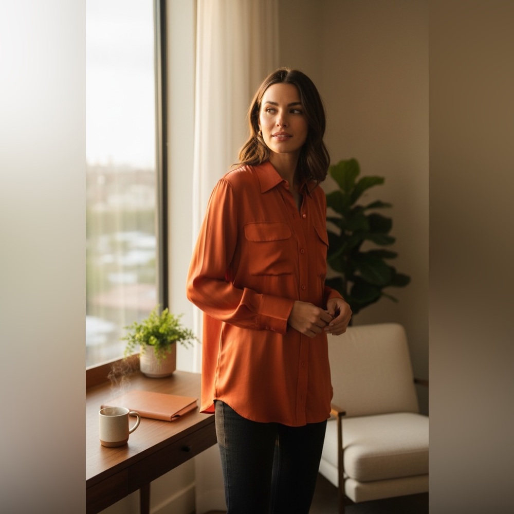 Equipment Femme Silk Button-Up Blouse Rust Orange Size M